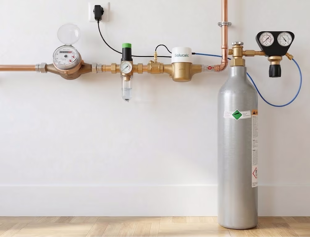 Boîtier SoluCalc compact format A4 fixé au mur, avec bouteille de CO₂