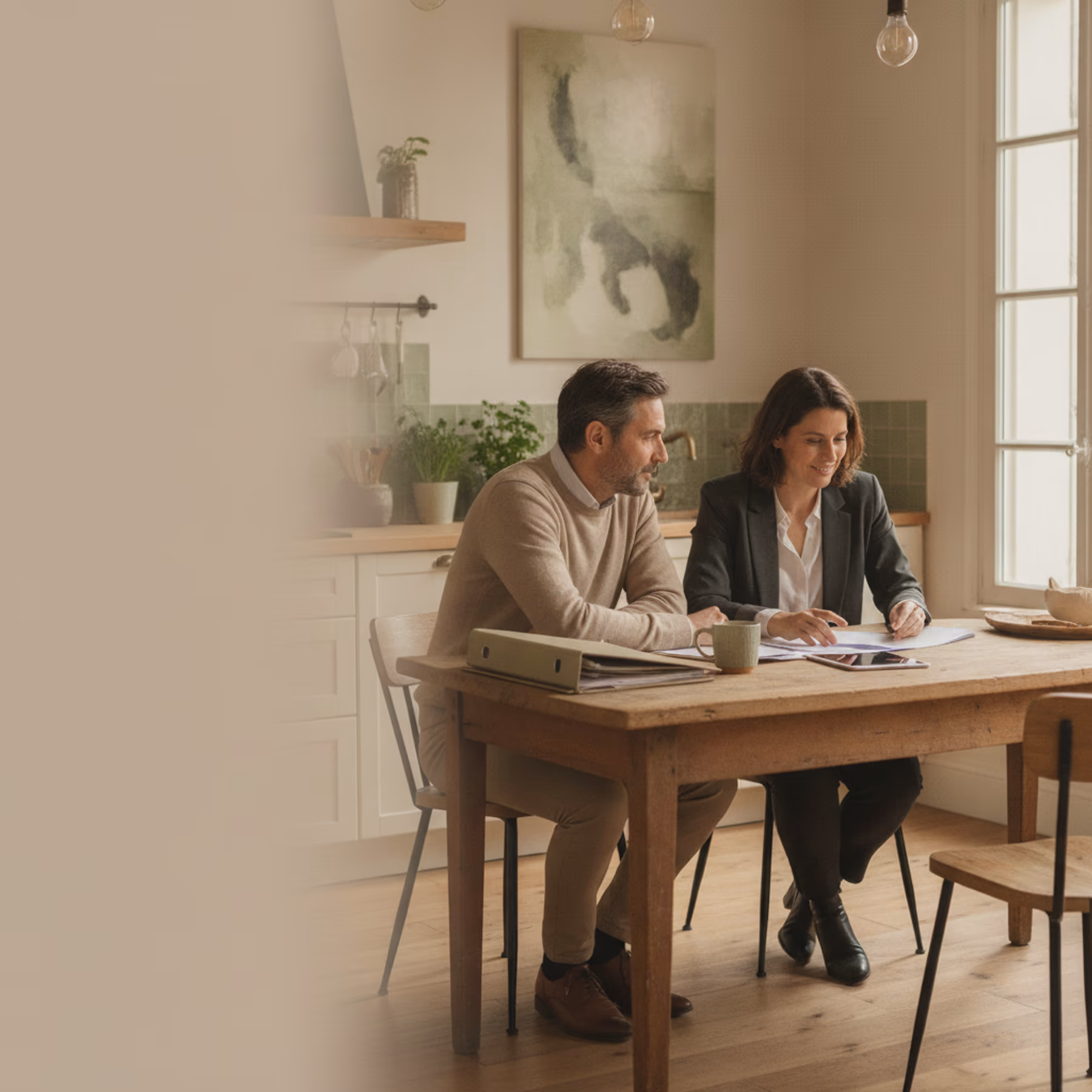 Couple accompagné dans le montage de son dossier d'aides à la rénovation énergétique, documents sur la table