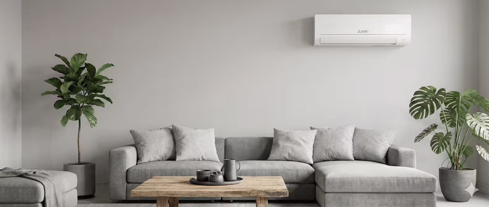 Salon moderne avec climatisation réversible Mitsubishi installée par Kozéo