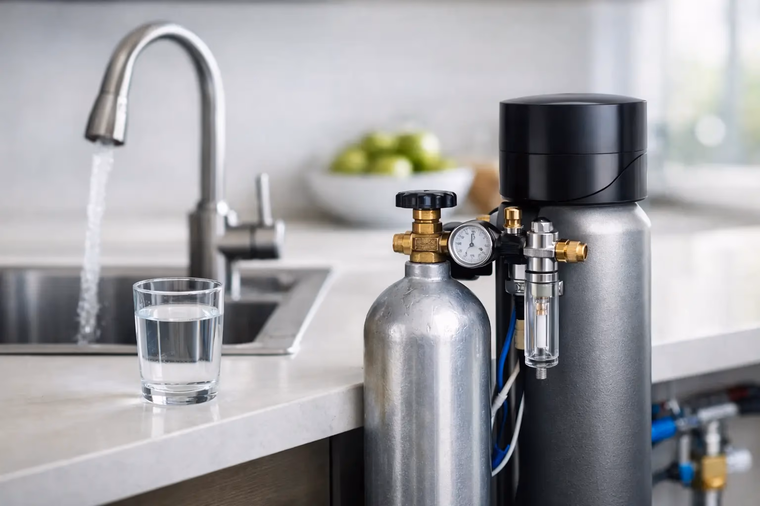Adoucisseur au CO2 installé par Kozéo sur l'arrivée d'eau principale d'une maison de Saône-et-Loire, alternative au traitement anti-tartre sans sel