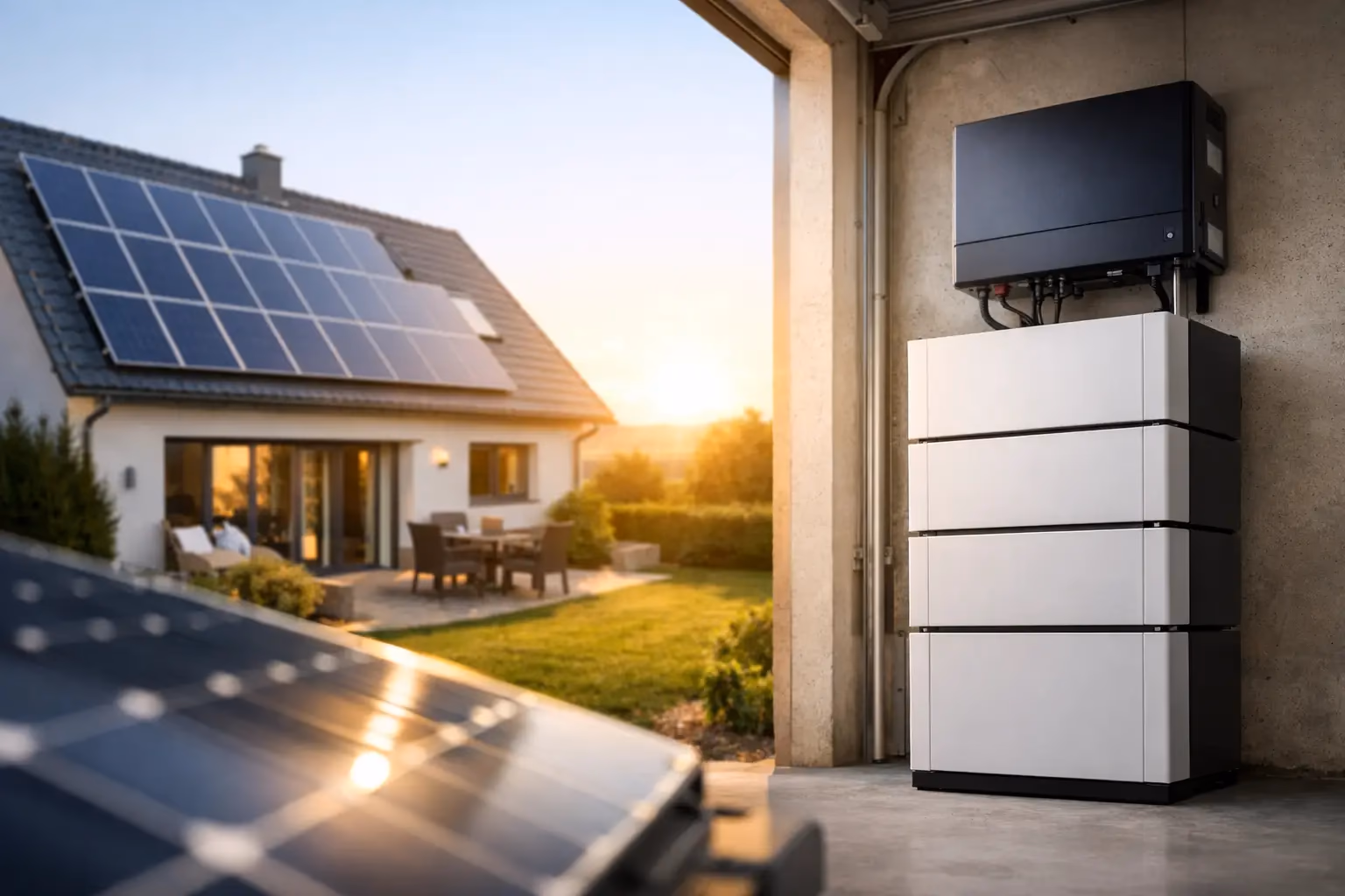 Batterie de stockage domestique installée à côté du tableau électrique d'une maison équipée de panneaux solaires photovoltaïques par Kozéo en Saône-et-Loire