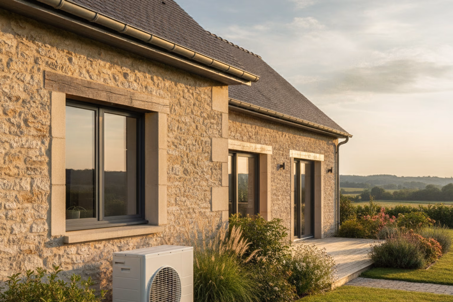 Unité extérieure de pompe à chaleur air-eau moderne installée proprement le long d'une maison individuelle