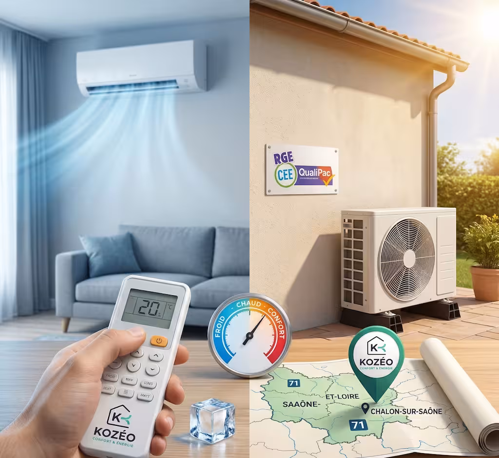 Salon d'une maison à Chalon-sur-Saône équipée d'une climatisation réversible murale haut de gamme, installation Kozéo dimensionnée selon une étude technique à domicile