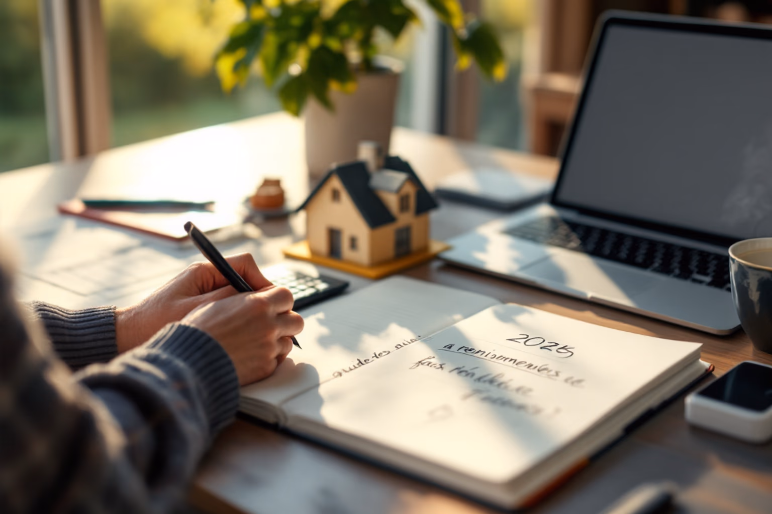 Bureau d'un propriétaire avec dossier de rénovation énergétique, calculatrice et plan de maison, lumière douce d'après-midi