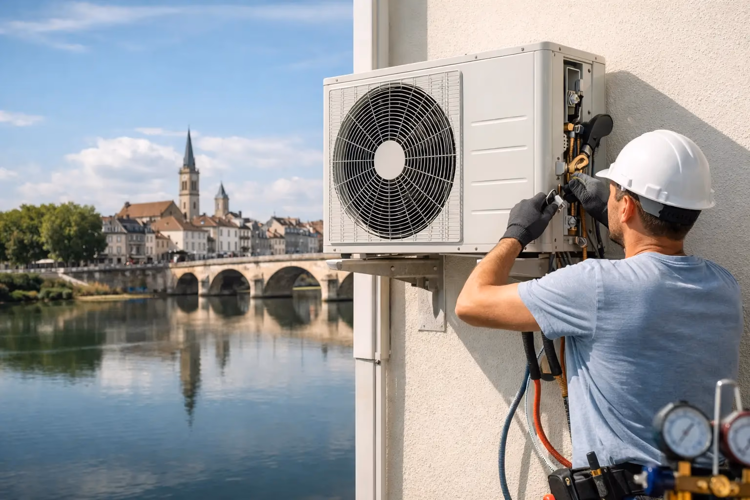 Technicien Kozéo en train d'installer une unité intérieure de climatisation réversible Mitsubishi Electric dans le salon d'une maison à Chalon-sur-Saône