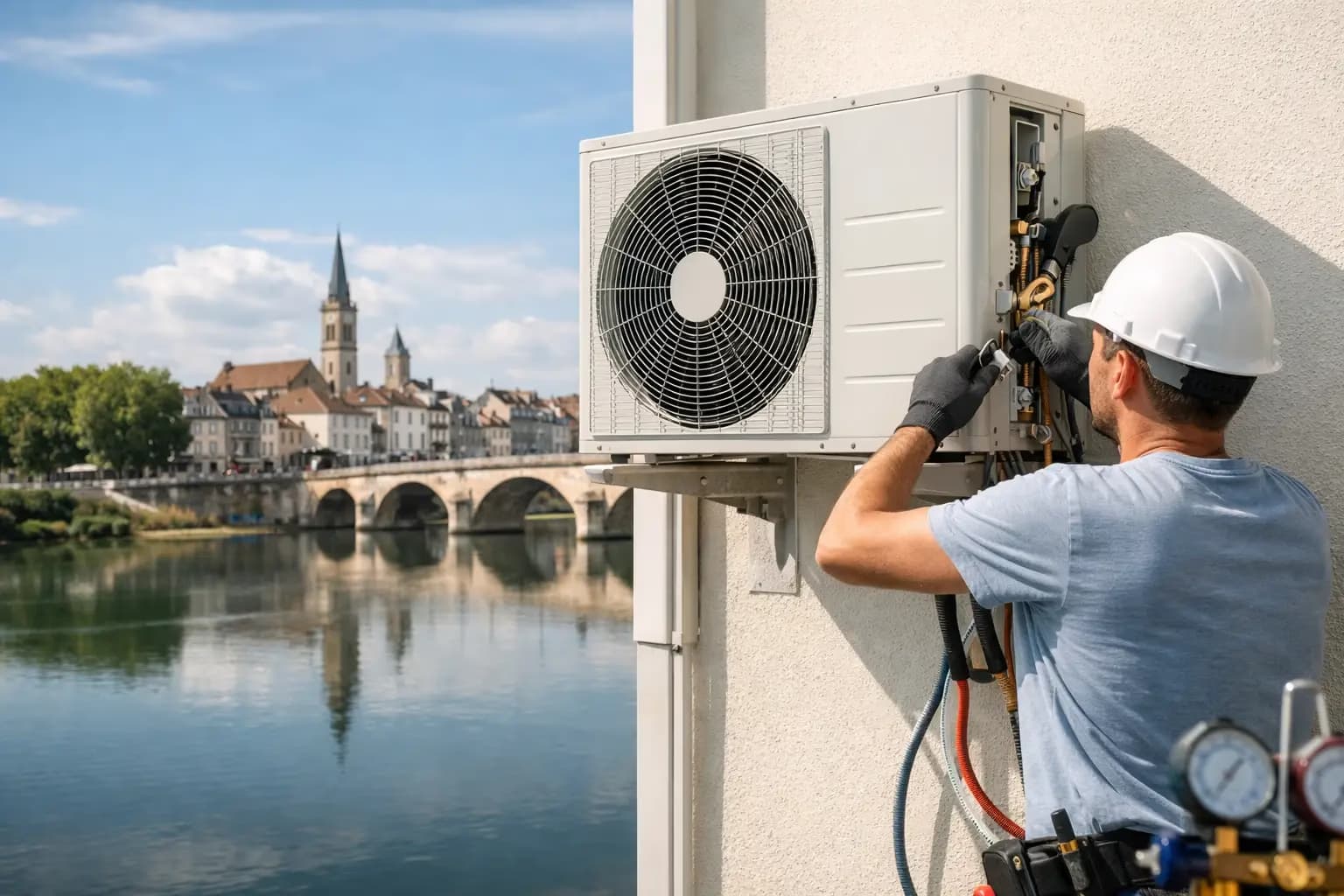Technicien Kozéo en train d'installer une unité intérieure de climatisation réversible Mitsubishi Electric dans le salon d'une maison à Chalon-sur-Saône