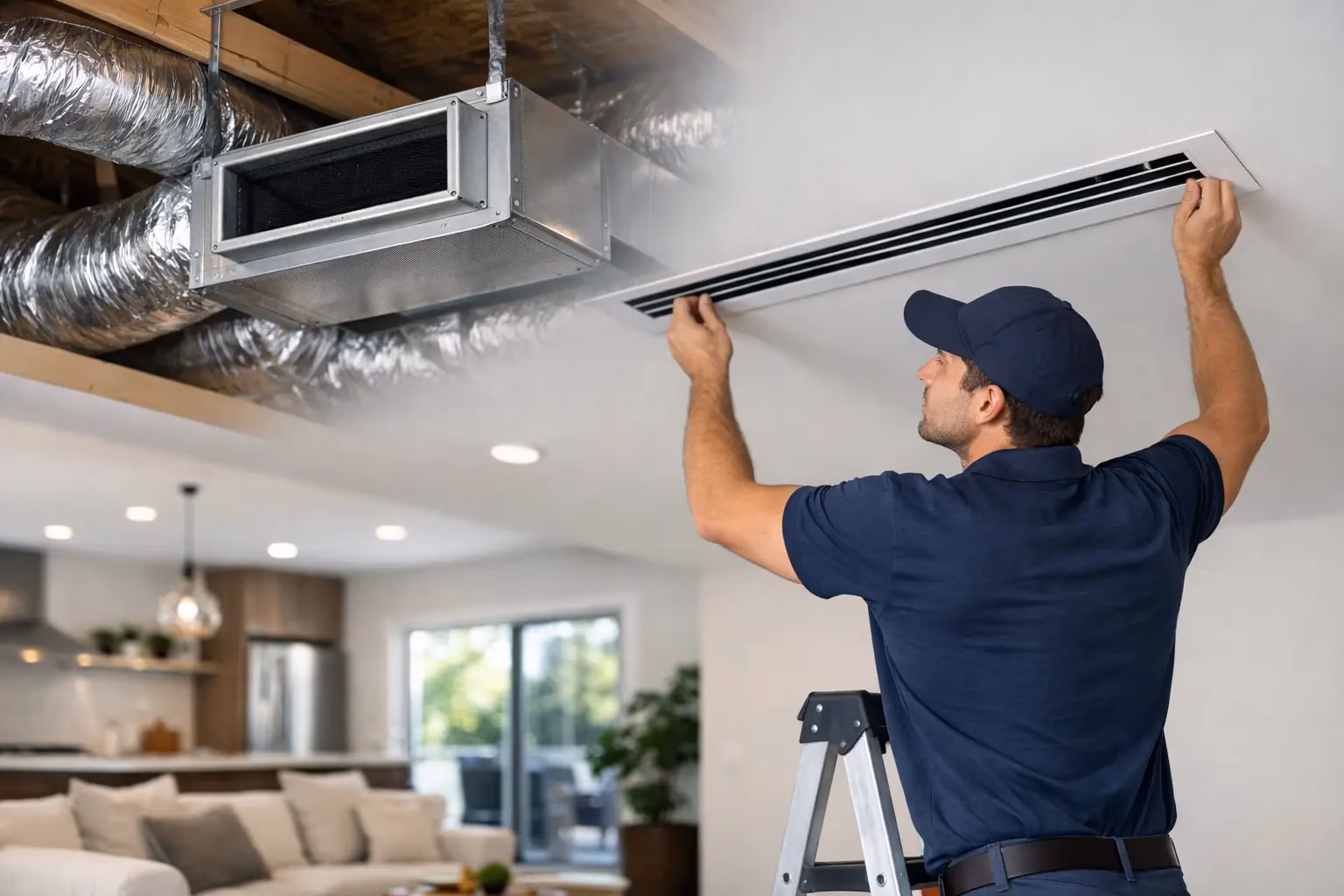 Grille de diffusion encastrée au plafond d'un salon : climatisation gainable discrète installée par Kozéo