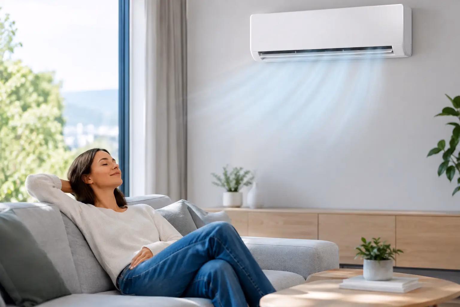 Unité intérieure murale de climatisation réversible installée discrètement dans une chambre lumineuse