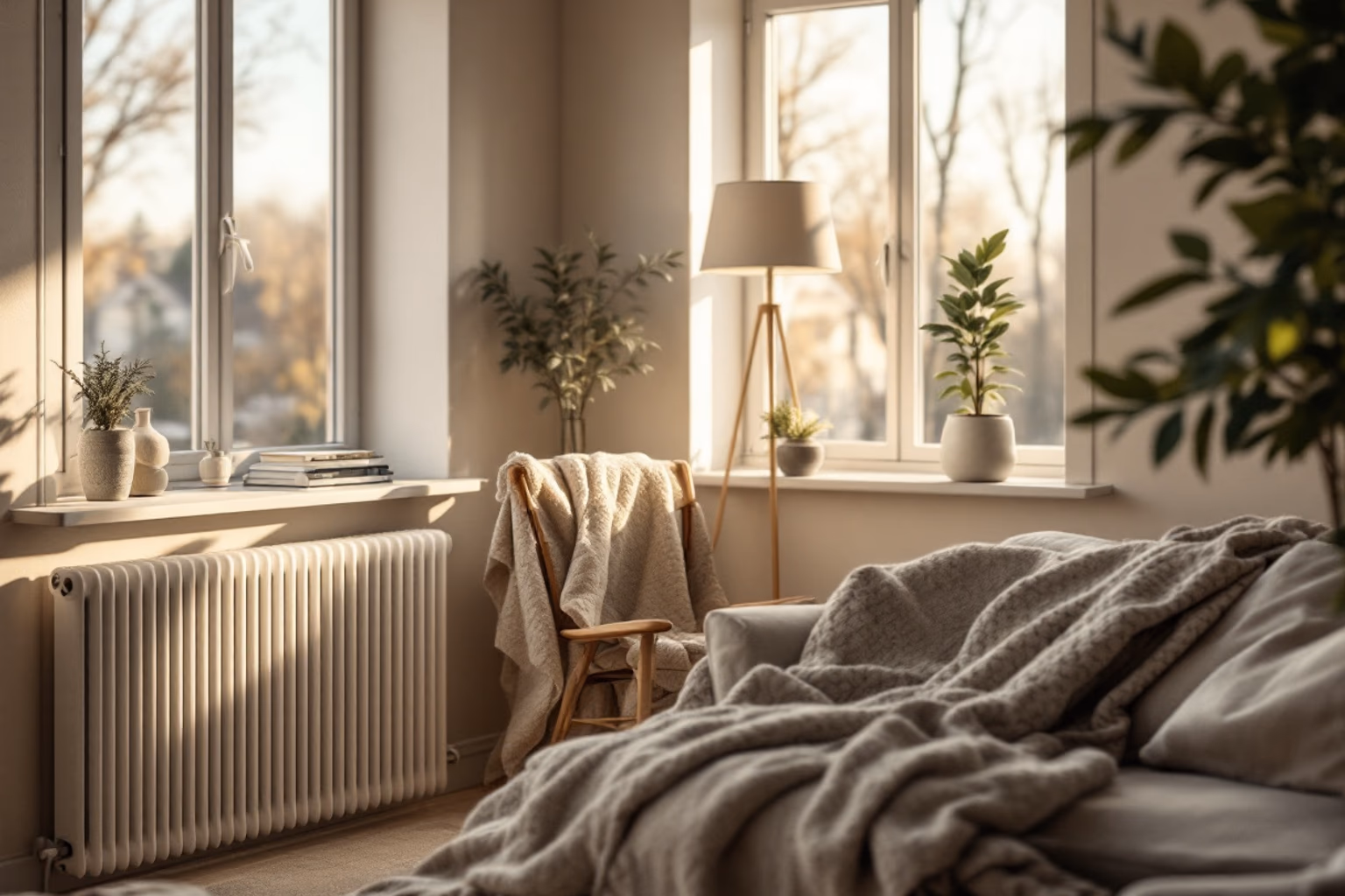 Salon français cosy chauffé par un radiateur basse température alimenté par une pompe à chaleur air-eau, lumière douce d'après-midi d'hiver