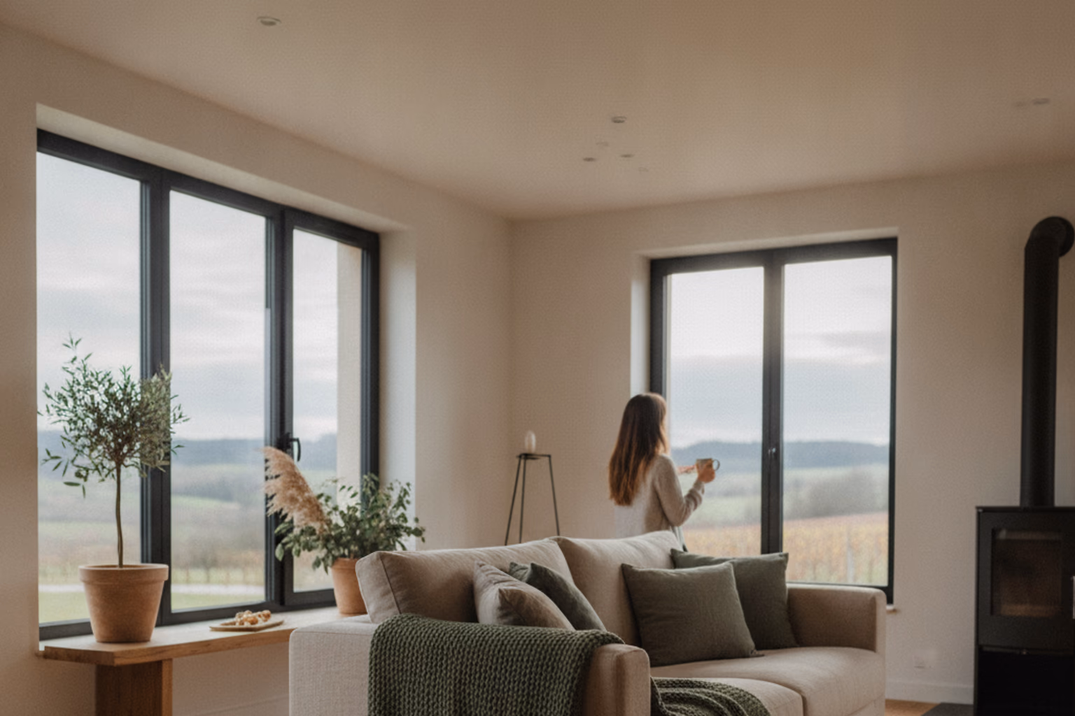 Intérieur de maison moderne bien isolée et confortable, lumière naturelle douce, ambiance économe en énergie