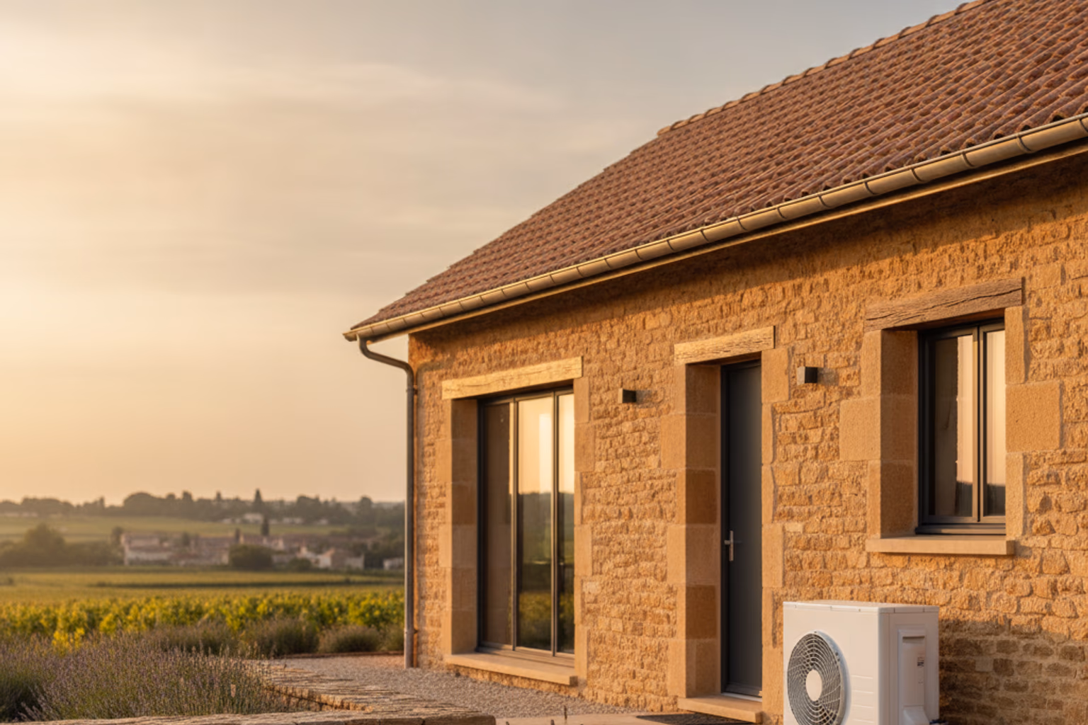 Unité extérieure de pompe à chaleur air-eau installée proprement devant une maison résidentielle de la région mâconnaise