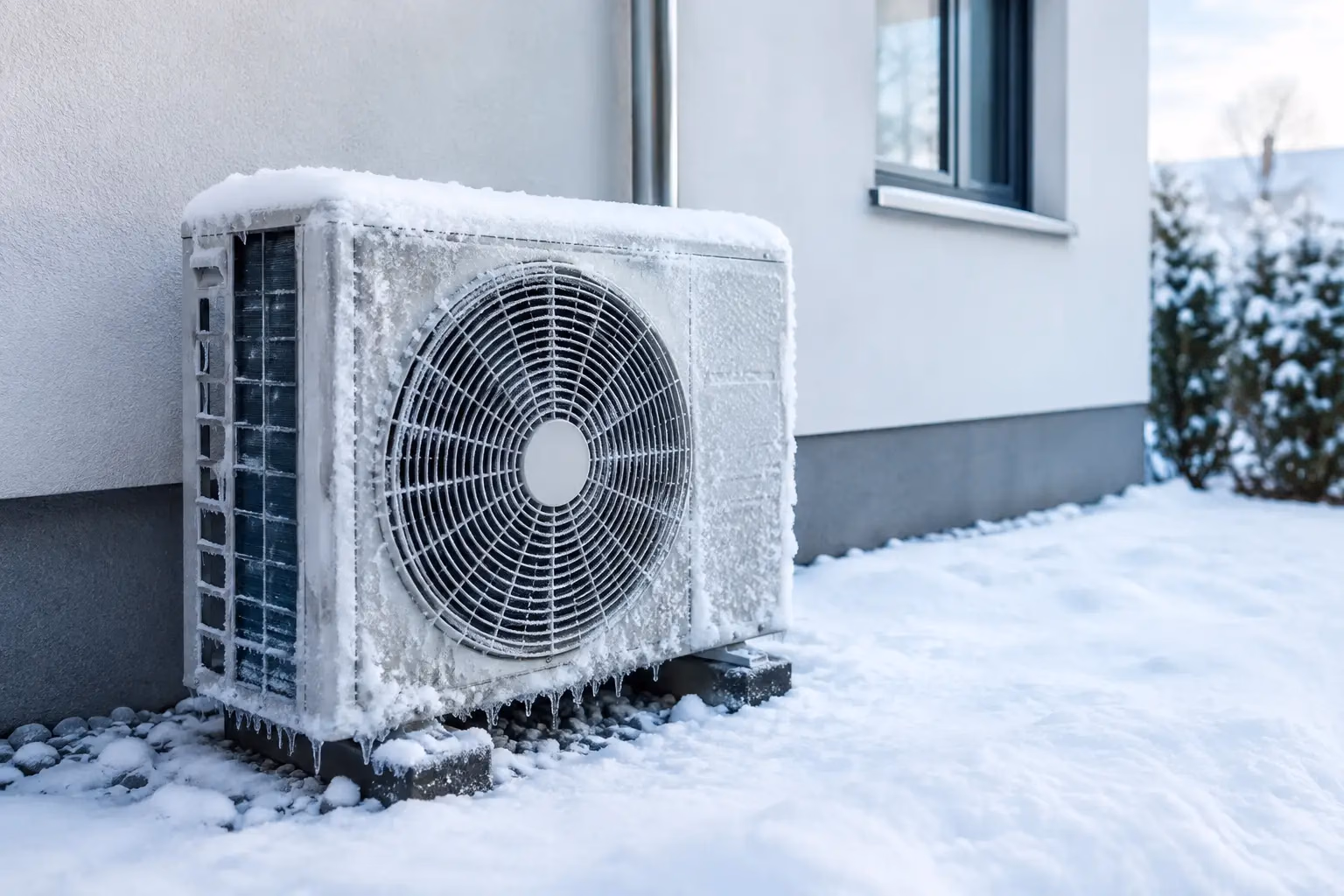 Unité extérieure de pompe à chaleur couverte de givre dans un jardin par temps froid et humide