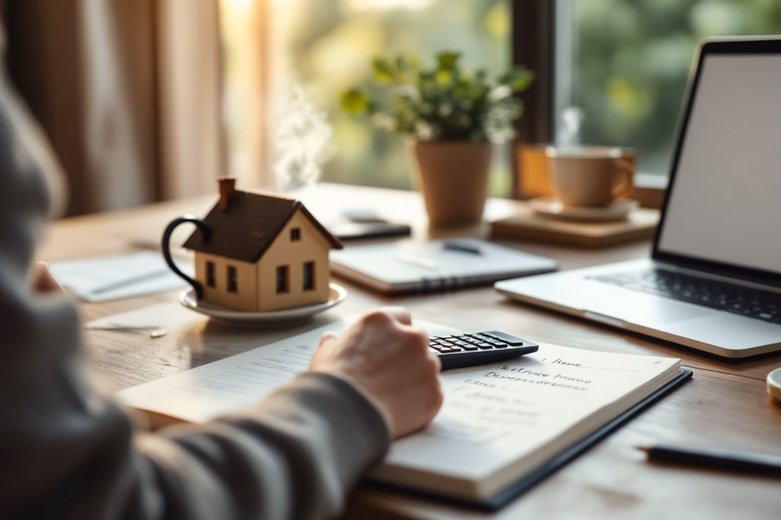 Dossier MaPrimeRénov' ouvert sur un bureau avec documents administratifs, calculatrice et plan de maison, ambiance bureau cosy