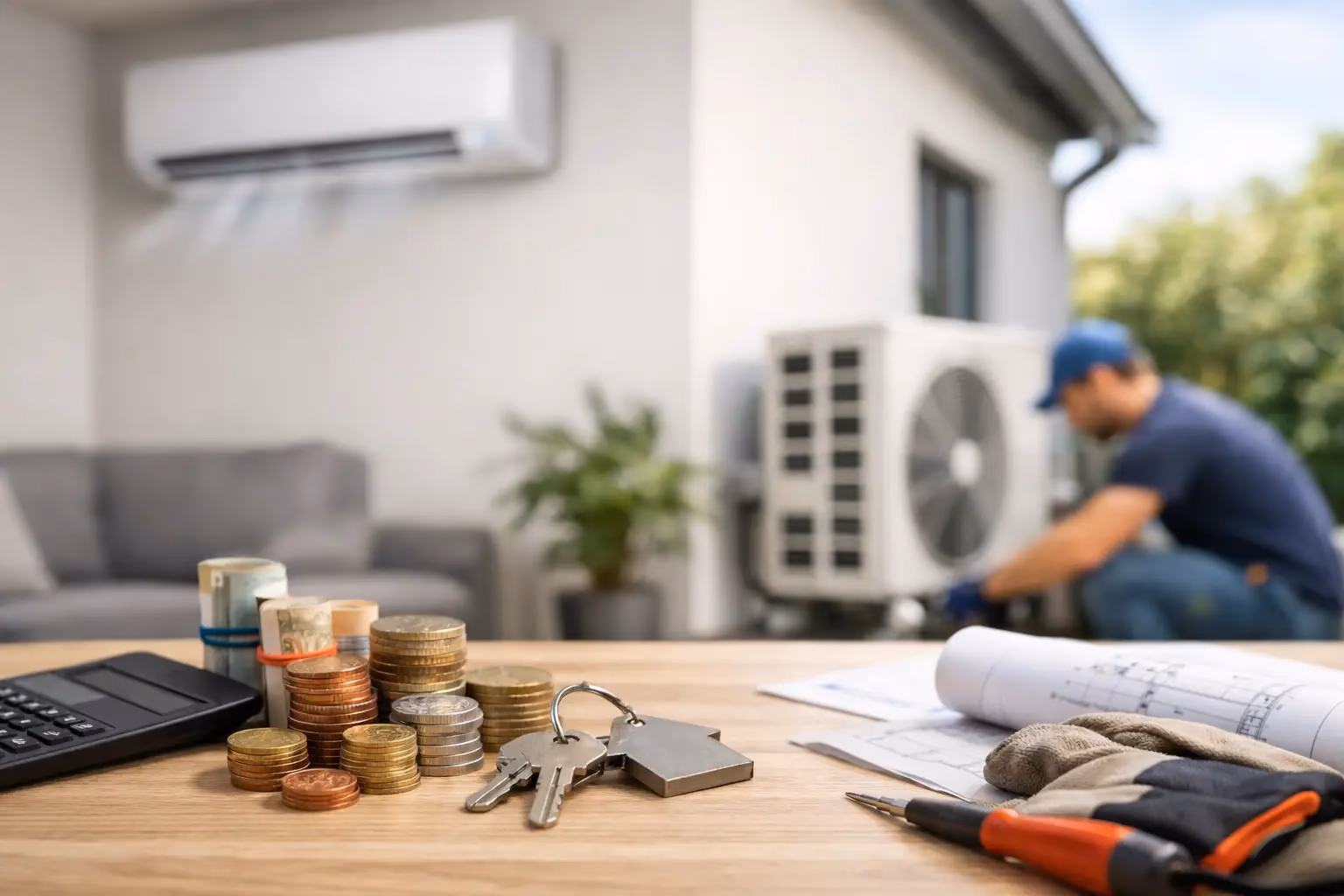 Technicien Kozéo finalisant l'installation d'une unité intérieure de climatisation réversible dans une maison de Saône-et-Loire