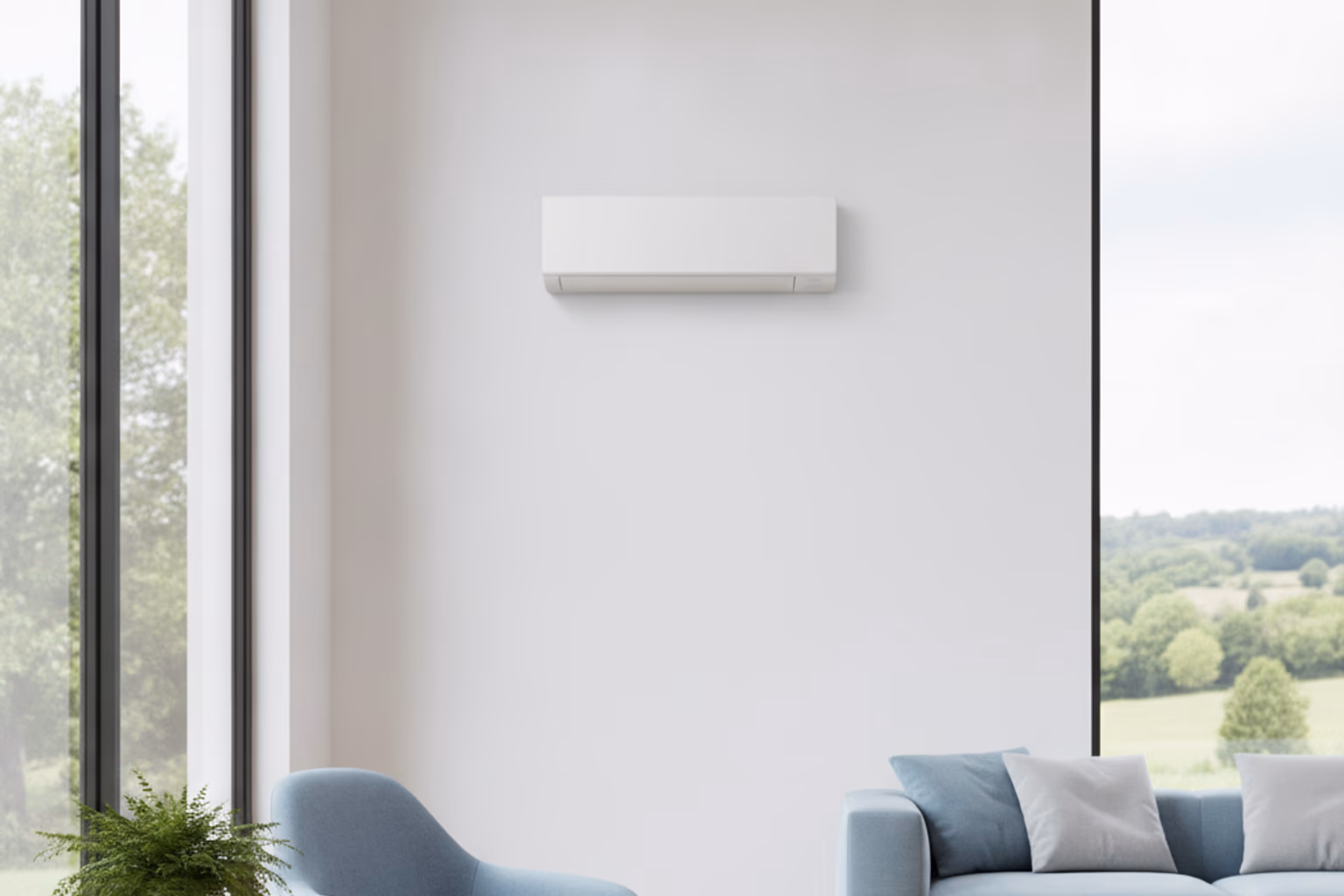 Climatisation réversible murale discrète installée dans le séjour lumineux d'une maison de plain-pied