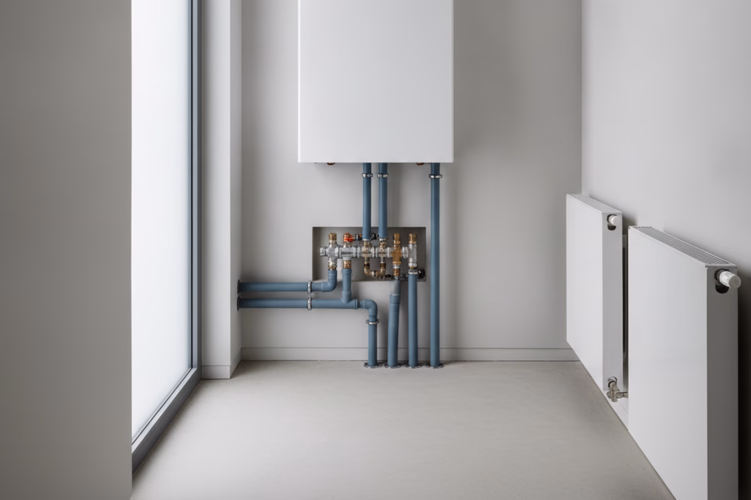 Module hydraulique intérieur d'une pompe à chaleur air-eau raccordé au réseau de chauffage central existant d'une maison