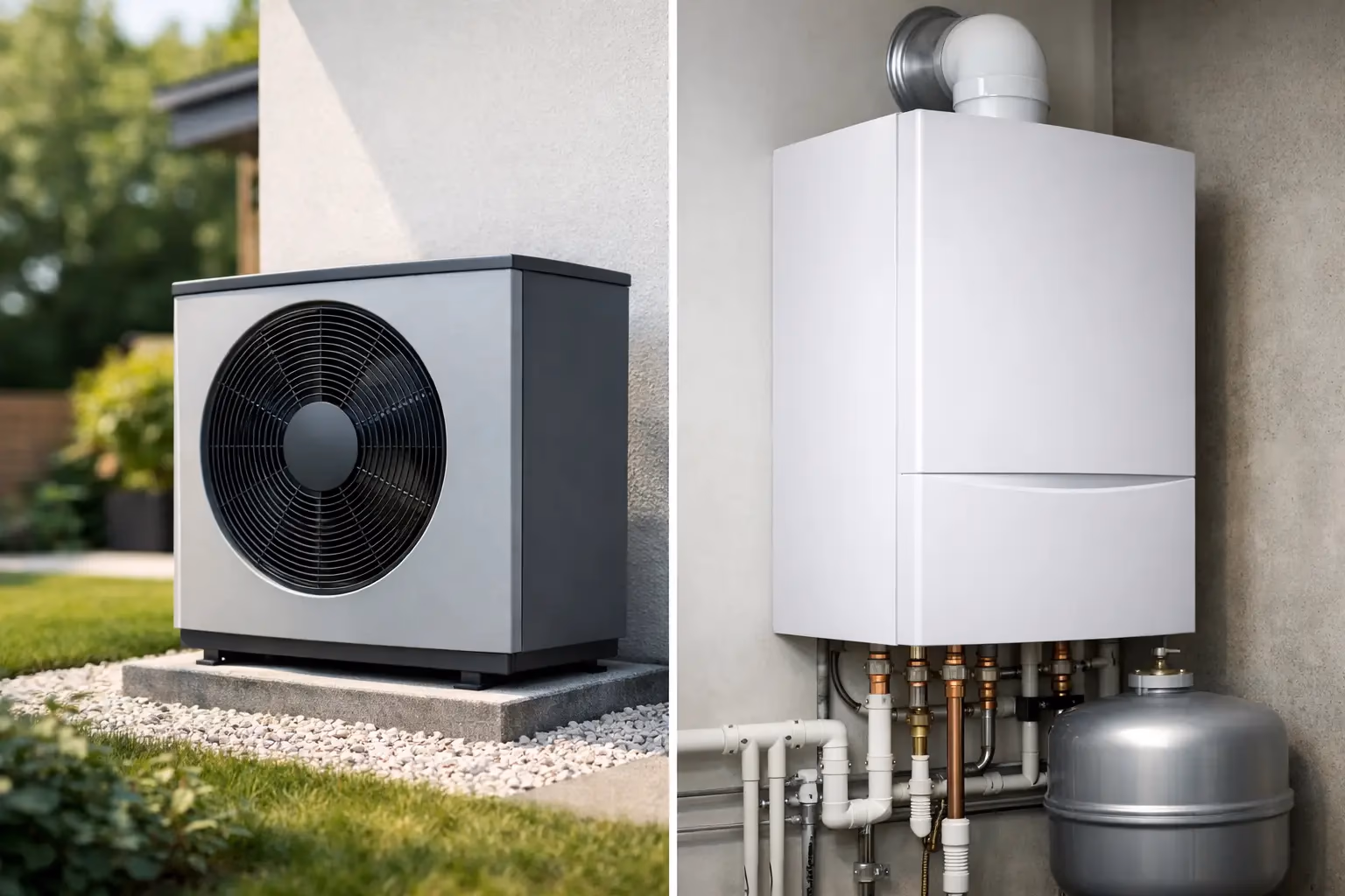 Comparaison entre une ancienne chaudière gaz murale et une unité extérieure de pompe à chaleur air-eau installée par Kozéo en remplacement à Chalon-sur-Saône