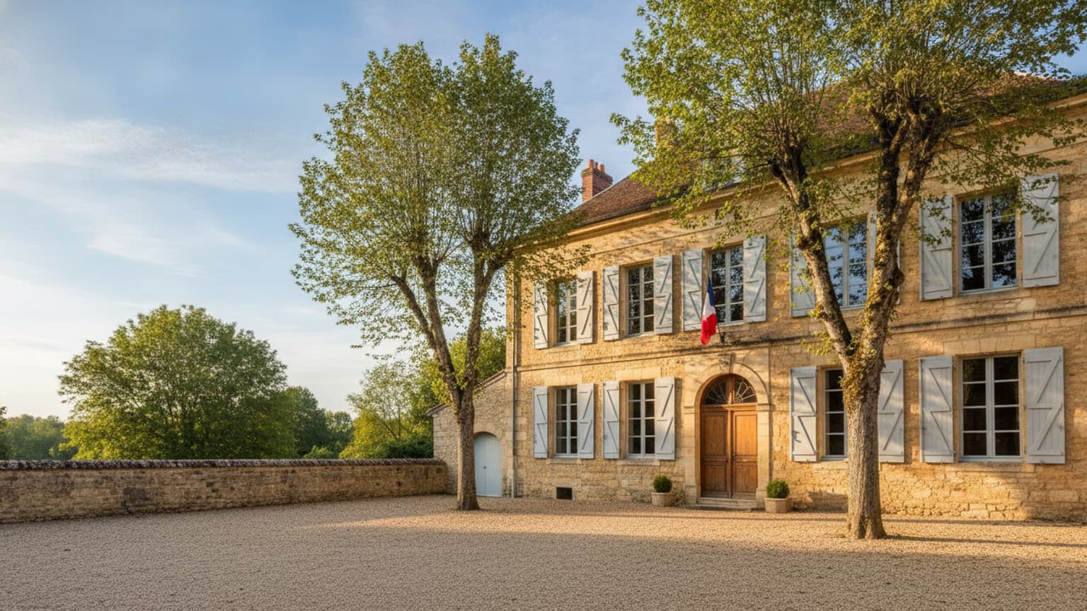 Mairie de village en pierre dorée de Bourgogne, drapeau français et cour ombragée de platanes