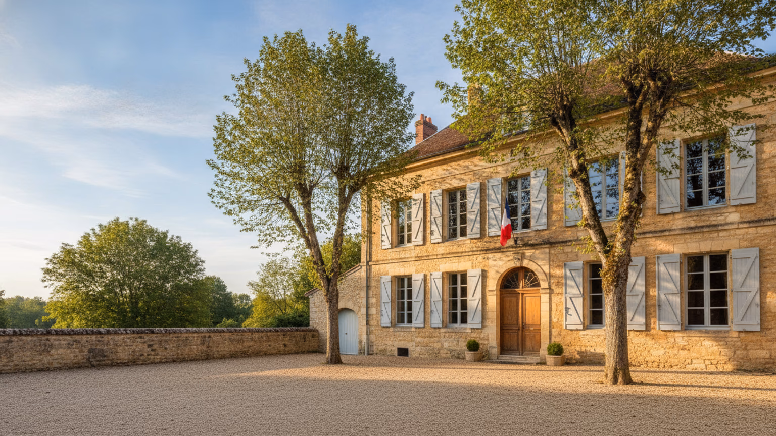 Mairie de village en pierre dorée de Bourgogne, drapeau français et cour ombragée de platanes