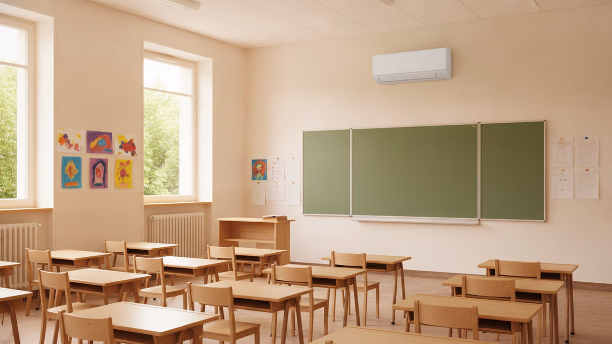 Salle de classe d'école primaire climatisée par une unité murale discrète installée en hauteur