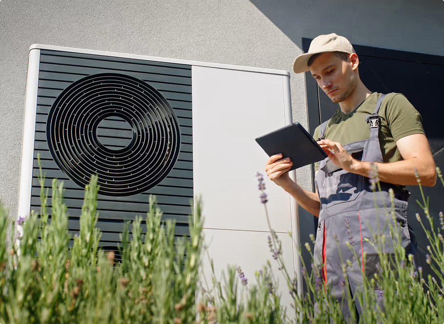 Technicien en intervention d'entretien sur une unité extérieure de climatisation, tablette de contrôle en main