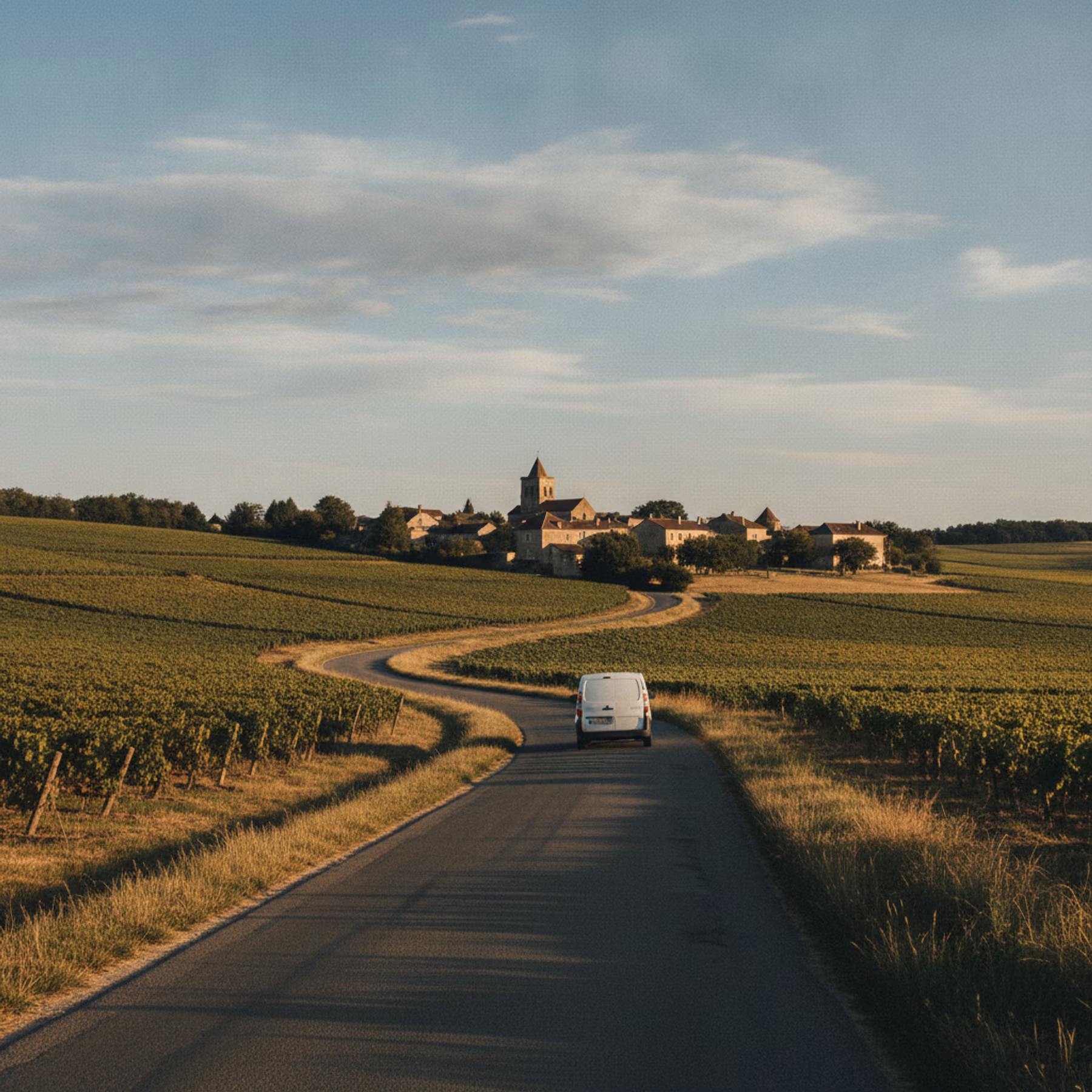 Route de campagne entre les vignes de Bourgogne menant à un village de Saône-et-Loire